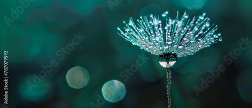 Glistening dew on dandelion seed against a teal bokeh background. Beautiful modern minimal wallpaper. Generative AI photo