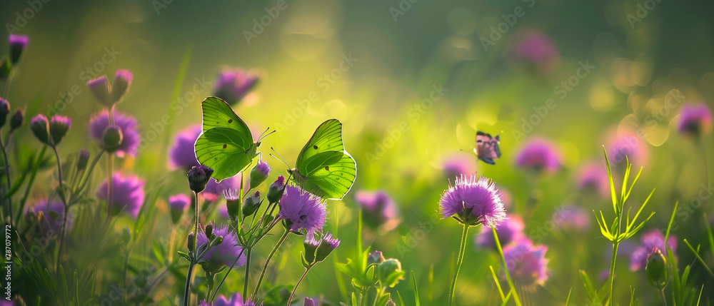 Tranquil Morning with Brimstone Butterflies on Purple Flowers. Generative AI