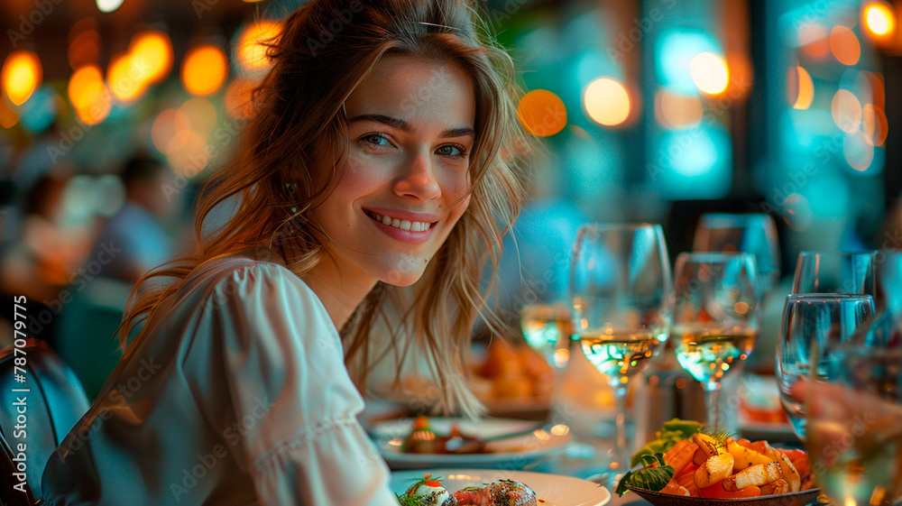 Φωτογραφία mujer de negocios disfrutando de una comida en el restaurante del hotel, ya sea sola o con colegas o clientes