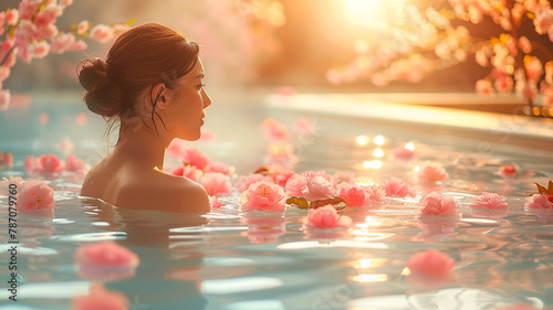 mujer de negocios disfrutando de la relajación y el cuidado personal en el spa del hotel, mostrando su compromiso con la relajación y el rejuvenecimiento después de un ajetreado día de trabajo.  photo