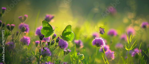 Tranquil Morning with Brimstone Butterflies on Purple Flowers. Generative AI