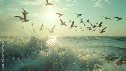 Vibrant Seascape with Soaring Birds in Ethereal Lomography Style photo