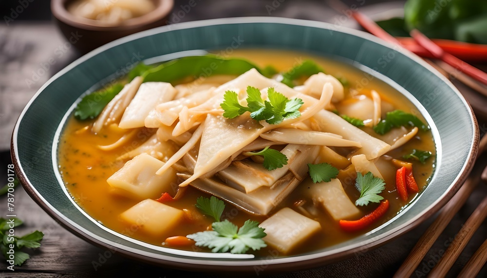 Pickled bamboo shoots with catfish in sour and spicy soup , Thai food
