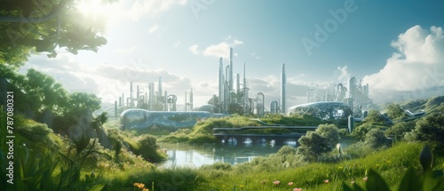 An eco-friendly pharmaceutical plant where solar energy powers the production of drugs, set in a lush green environment