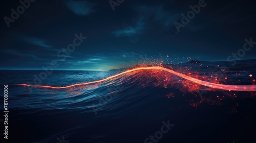 A conceptual art piece showing a broken submarine fiber optic cable with data leaking out in the form of light photo