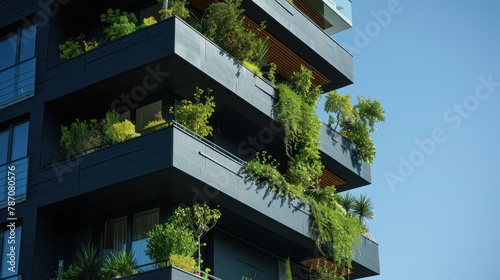 Modern and ecological skyscrapers with many trees on each balcony. Modern architecture, vertical gardens, terraces with plants