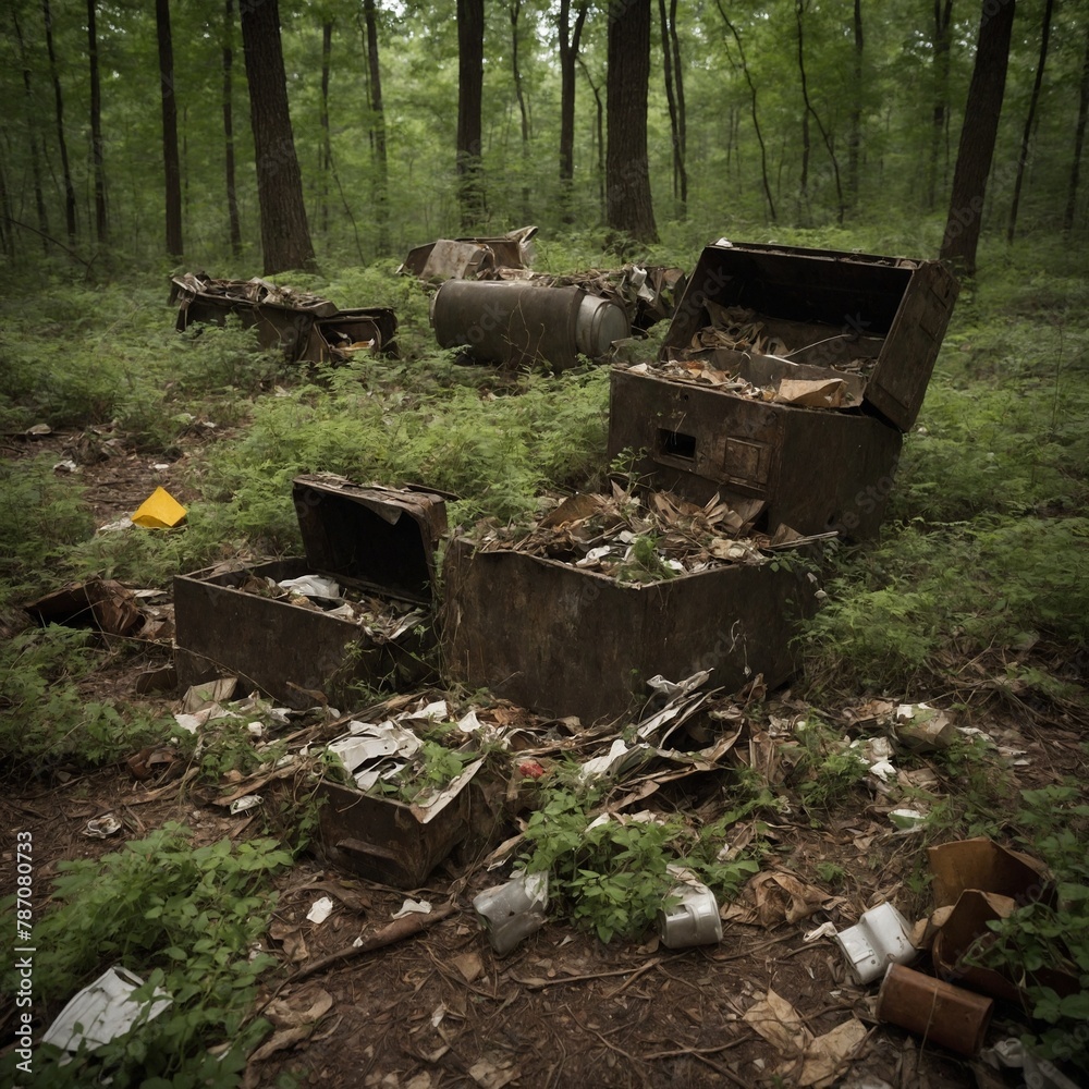 Serene forest, rich with tall trees, lush greenery, interrupted by unsettling presence of discarded objects. Amidst natural beauty, rusted metal containers, old furniture lay abandoned. Serene forest, rich with tall trees, lush greenery, interrupted by unsettling presence of discarded objects. Amidst natural beauty, rusted metal containers, old furniture lay abandoned.