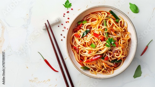 Bowl of noodles on white background