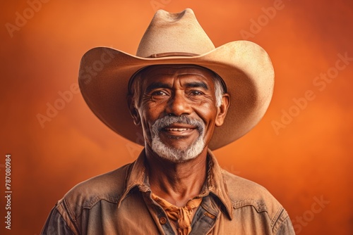 Portrait of a blissful indian man in his 60s wearing a rugged cowboy hat over soft orange background