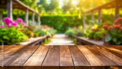 Garden Glow  Perspective Wooden Board Over Blurred Garden