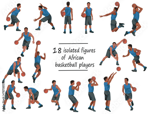 18 black basketball players in blue jersey standing  running  jumping  throwing  shooting  passing the ball