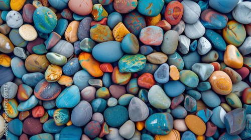 A pile of colorful rocks with a blue rock in the middle. The rocks are of different sizes and colors, creating a visually interesting and diverse scene