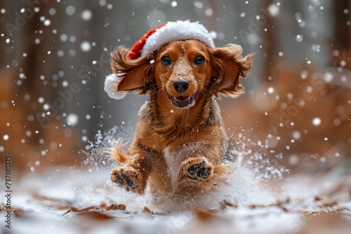 A captivating image of a dog enjoying the winter snow, donning a Santa hat with flair in a forest setting