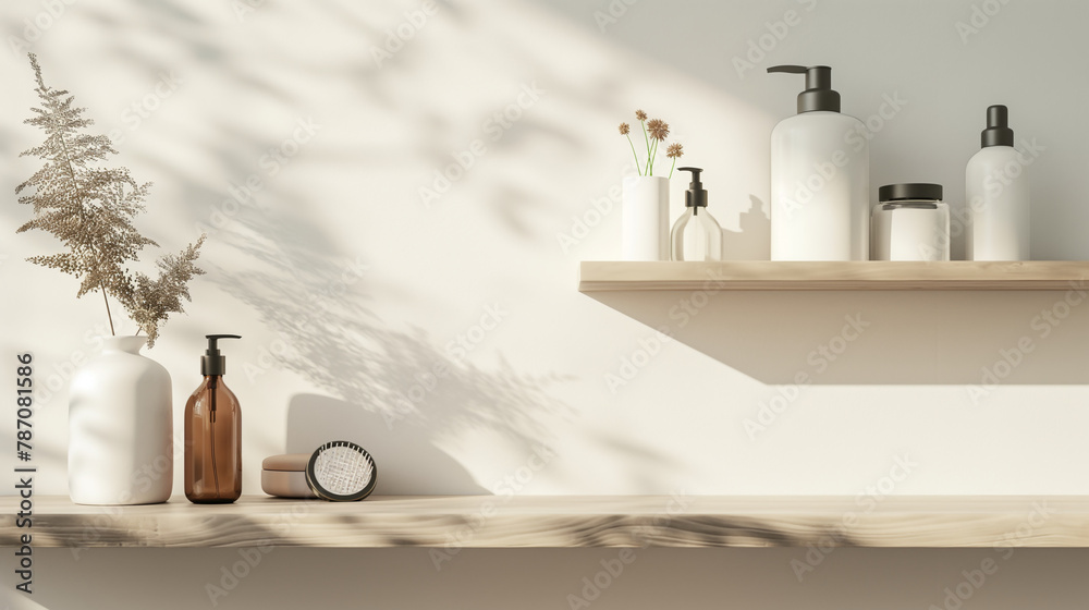 Minimalist bathroom cosmetics on wooden shelf with natural light and fern shadow decor. Empty copy space. Generative AI Minimalist bathroom cosmetics on wooden shelf with natural light and fern shadow decor. Empty copy space. Generative AI