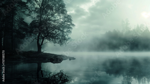 Misty Lakeside Dawn with Silhouetted Trees and Sun Rays. Generative AI