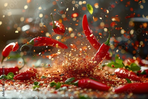 Dramatic shot of air-borne red chilies with an explosion of spices mid-air photo