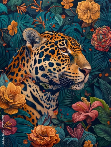 Brazilian fauna and flora, two characters, a jaguar and a blue macaw covered in flowers by harryfinney,  photo