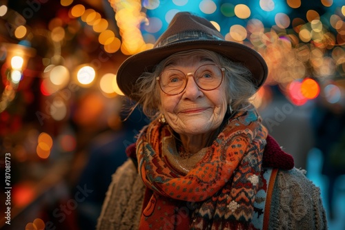 An elderly woman with gray hair and glasses smiling warmly amid a backdrop of festive lights and bokeh