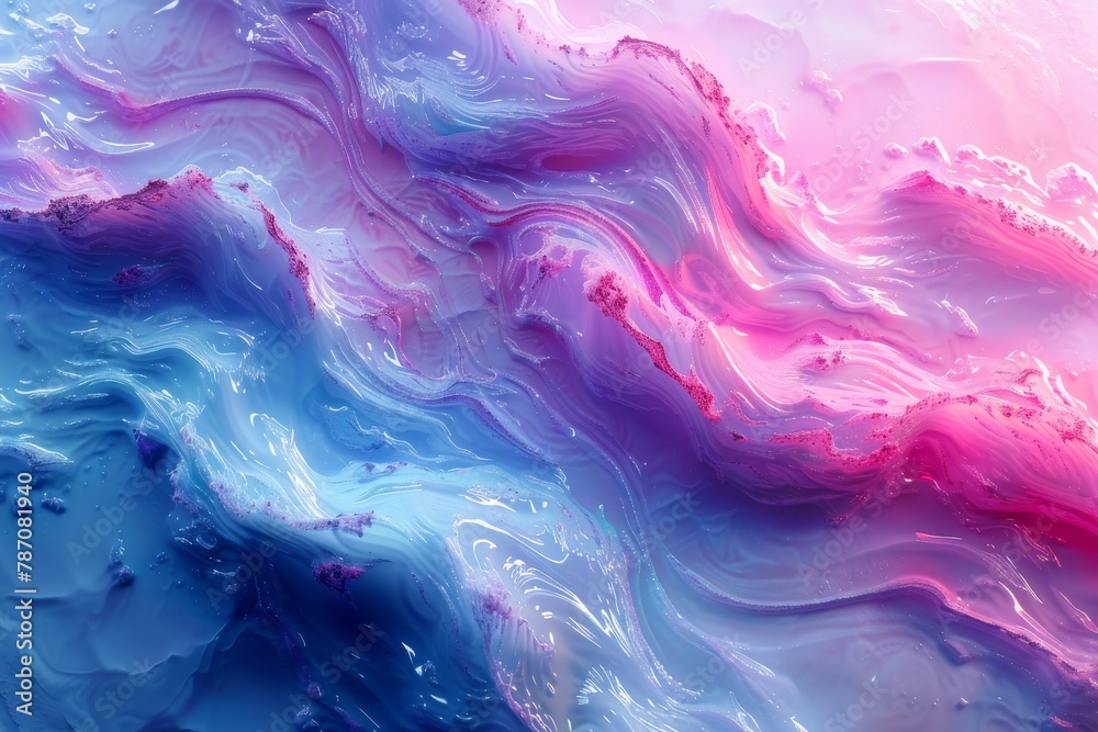 Mesmerizing fluid art with swirling patterns of pink and blue conveying a sense of tranquility and creativity