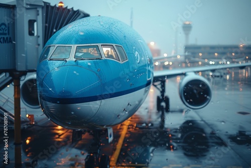 Close-up of a blue airplane's nose section docked at the gate on a rainy evening at the airport, reflecting runway lights