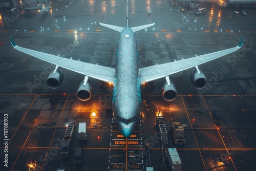Aerial perspective of a commercial airplane showing the full wingspan and fuselage parked on an illuminated rainy airport runway photo