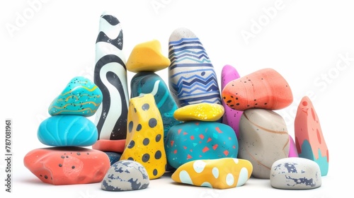 Funny claymotion colorful pattern rocks isolated on white background, style 3D photo