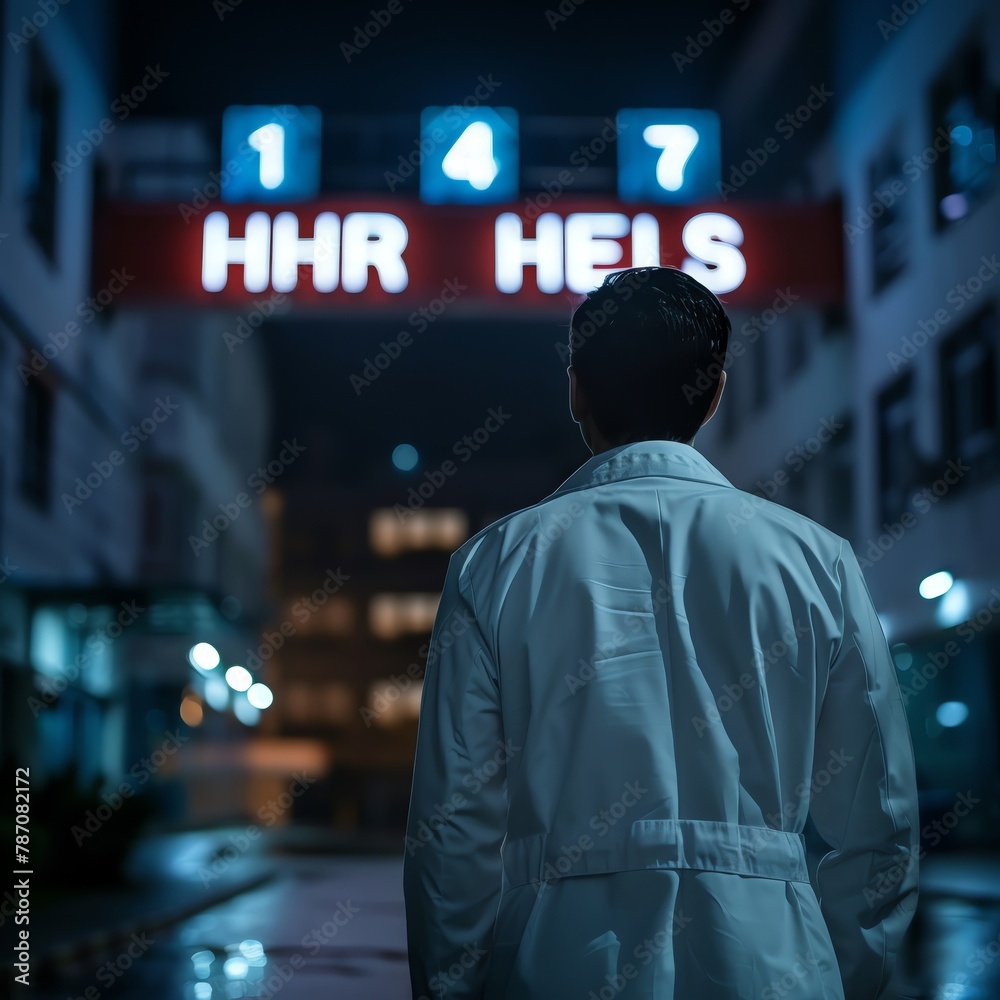 A doctor facing away from a flickering hospital sign at night, depicting professional burnout and disillusionment