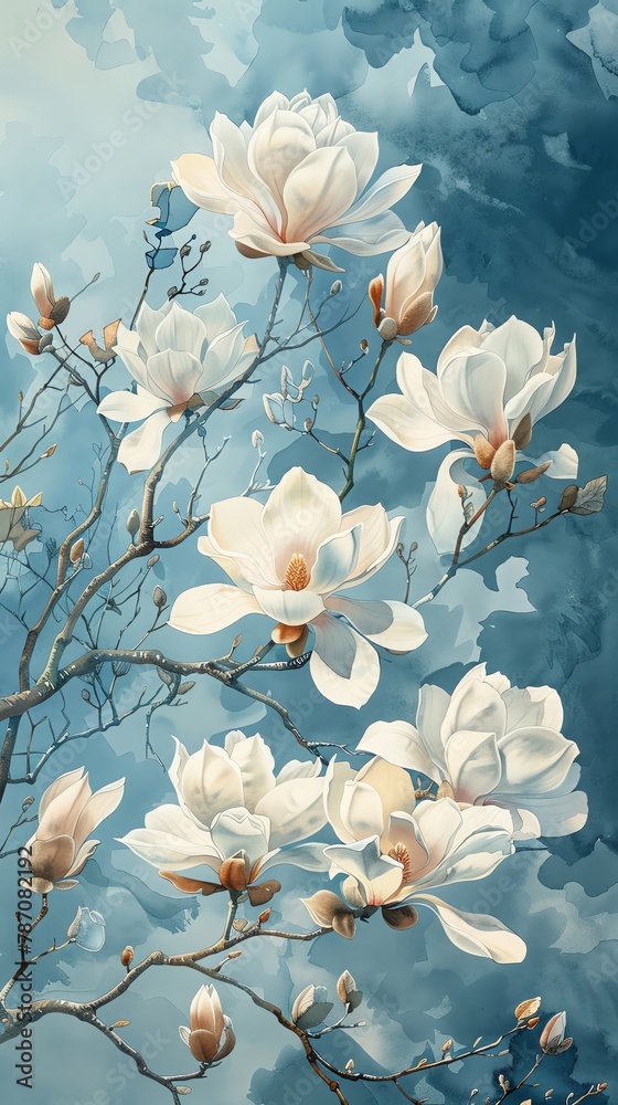 A dreamy watercolor of a magnolia tree in full bloom, with large white flowers against a soft blue sky