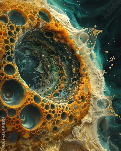 A detailed digital painting of an egg cells surface, focusing on the zona pellucida and corona radiata photo