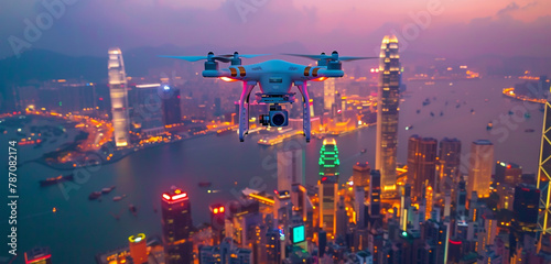 drone equipped with high-resolution cameras capturing breathtaking aerial footage of a modern metropolis