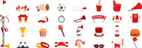 Competition match attributes icons set cartoon vector. Sport team. Game fan