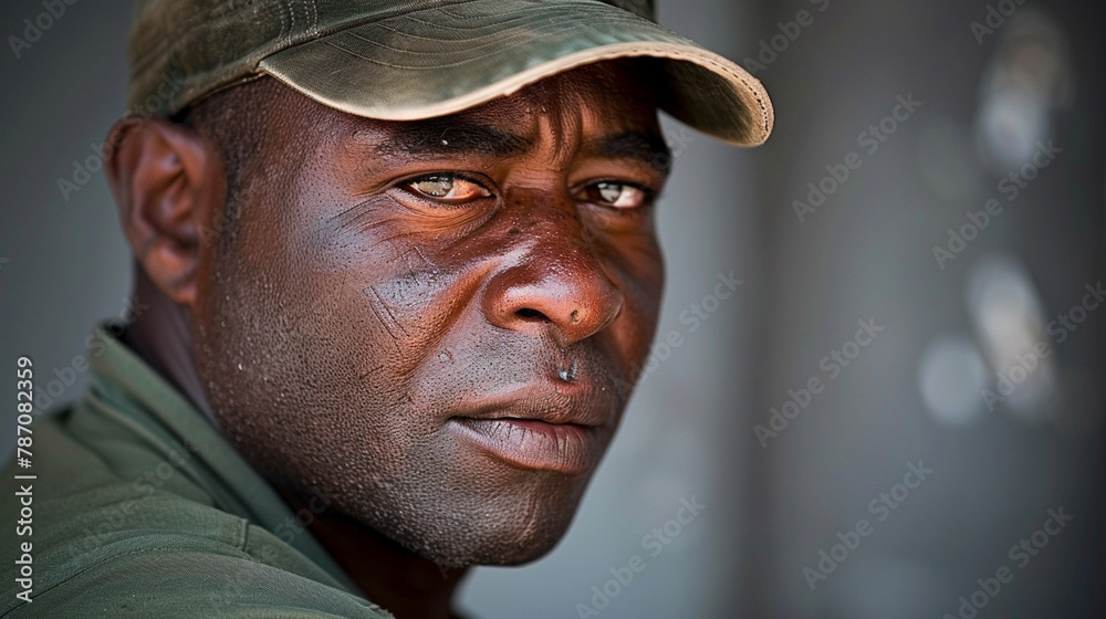 A man with a hat on his head and a serious expression A man with a hat on his head and a serious expression