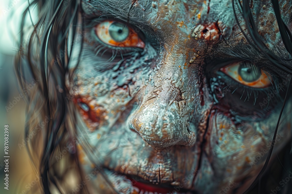 Haunting image of a zombie with textured makeup, menacing gaze, and a backdrop that adds to the drama Haunting image of a zombie with textured makeup, menacing gaze, and a backdrop that adds to the drama