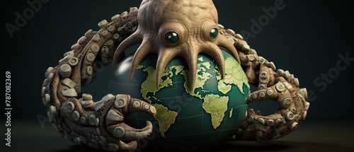 A grotesque creature with tentacles wrapped around a globe dotted with stock exchanges, symbolizing a parasitic grip on global finance photo