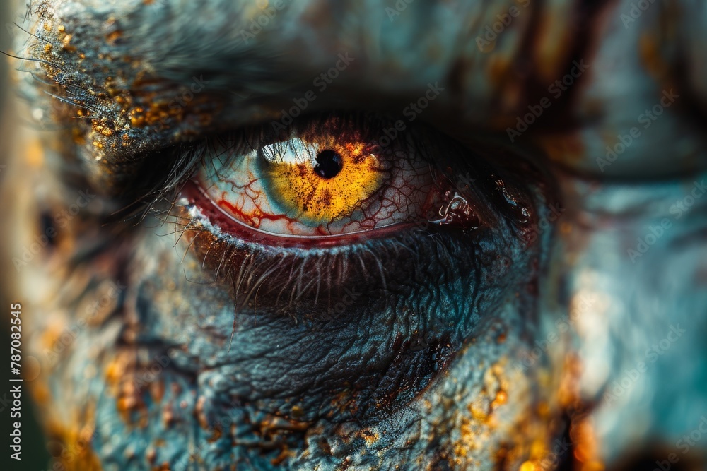 Macro shot of a zombie's eye capturing striking details and textures with a haunting appearance Macro shot of a zombie's eye capturing striking details and textures with a haunting appearance