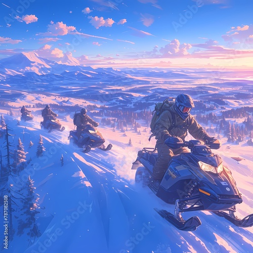 An adventurous group of people on snowmobiles exploring a stunning mountain landscape at sunset.