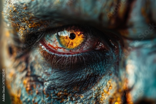 Macro shot of a zombie's eye capturing striking details and textures with a haunting appearance