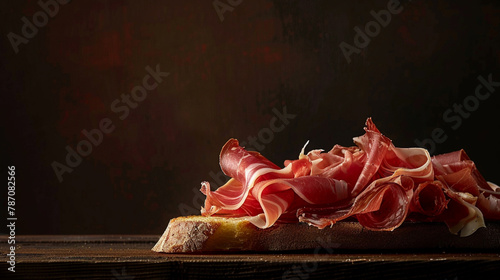  bread with ham on it sits on a table photo