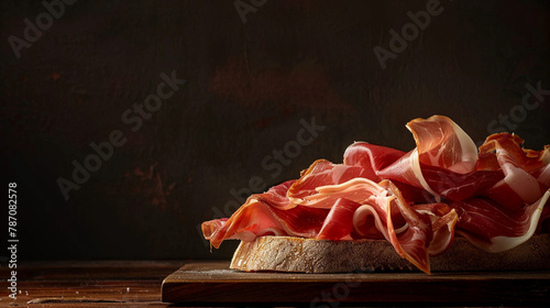  bread with ham on it sits on a table photo