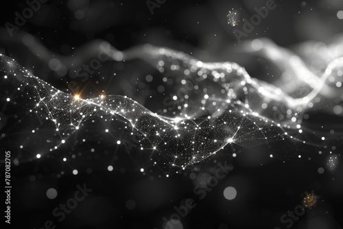 A visually striking depiction of dynamic light particles in a sinusoidal wave flow against a dark background photo