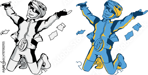 Cyclist biker character: advertiser blogger. Divided into layers for further painting. Isolated. Has an example of painting on the artboard. Сharacter makes a series of plot drawings in the same style