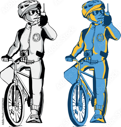 Cyclist biker character: bike patrol. Divided into layers for further painting. Isolated. Has an example of painting on artboard. Сharacter makes a series of plot drawings in the same style