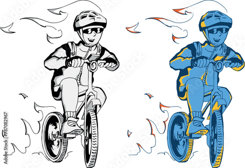 Cyclist biker character: aflame speed rider. Divided into layers for further painting. Isolated. Has an example of painting on artboard. Сharacter makes a series of plot drawings in the same style