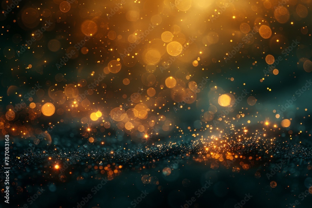Golden sparkling dust particles float in a dark space with bokeh effect, giving a magical, festive and dreamy atmosphere