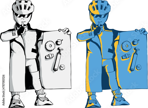 Cyclist biker character: flea dealer. Divided into layers for further painting. Isolated. Has an example of painting on artboard. Сharacter makes a series of plot drawings in the same style
