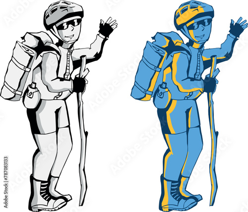 Cyclist biker character: hiker, tourist. Divided into layers for further painting. Isolated. Has an example of painting on the artboard. The character makes a series of plot drawings in the same style