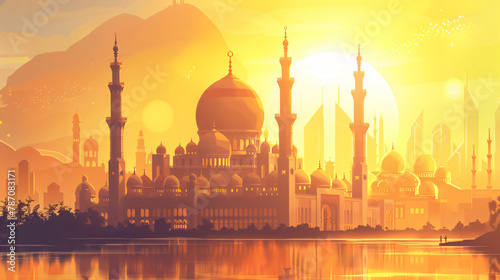 Illustration of the beautiful shiny mosque and ramadan