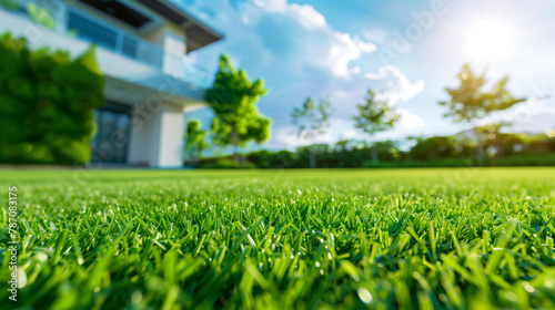 Lush green lawn in front of a modern house with bright sunlight and blue sky. Empty background for design. Generative AI