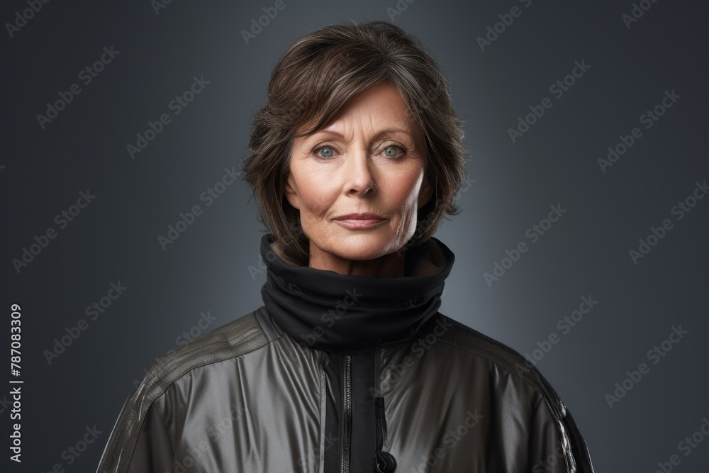 Portrait of a merry woman in her 60s dressed in a water-resistant gilet on soft gray background