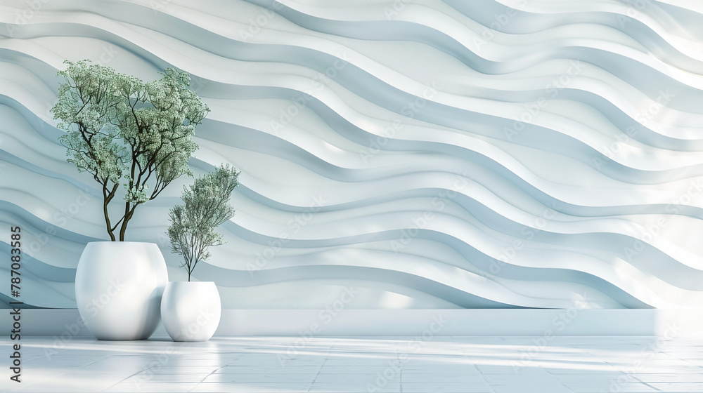 Fototapeta premium Modern Minimalist Interior with White Wave Wall Texture and Elegant Vases with Decorative Trees. Generative AI